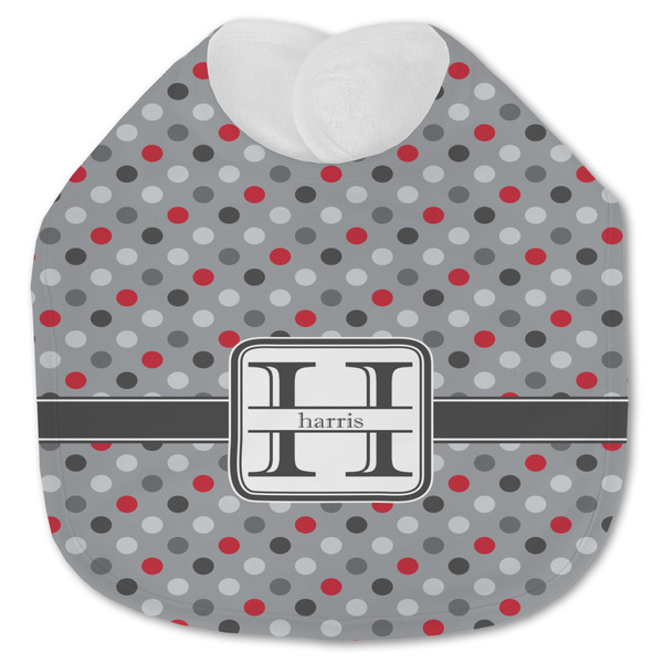 Custom Red & Gray Polka Dots Jersey Knit Baby Bib w/ Name and Initial