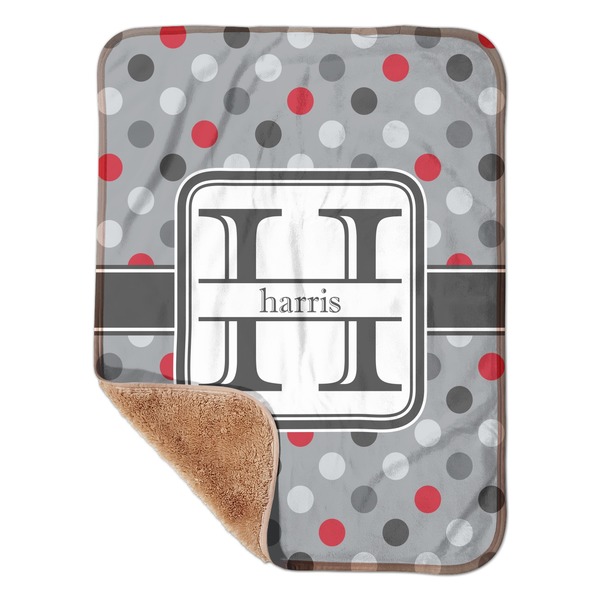 Custom Red & Gray Polka Dots Sherpa Baby Blanket - 30" x 40" w/ Name and Initial