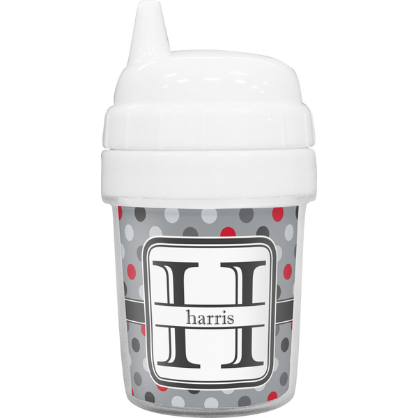 Custom Red & Gray Polka Dots Baby Sippy Cup (Personalized)
