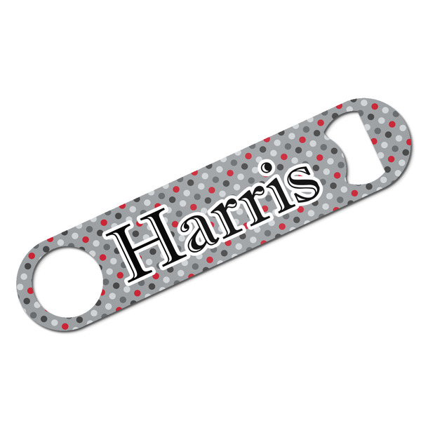 Custom Red & Gray Polka Dots Bar Bottle Opener w/ Name and Initial