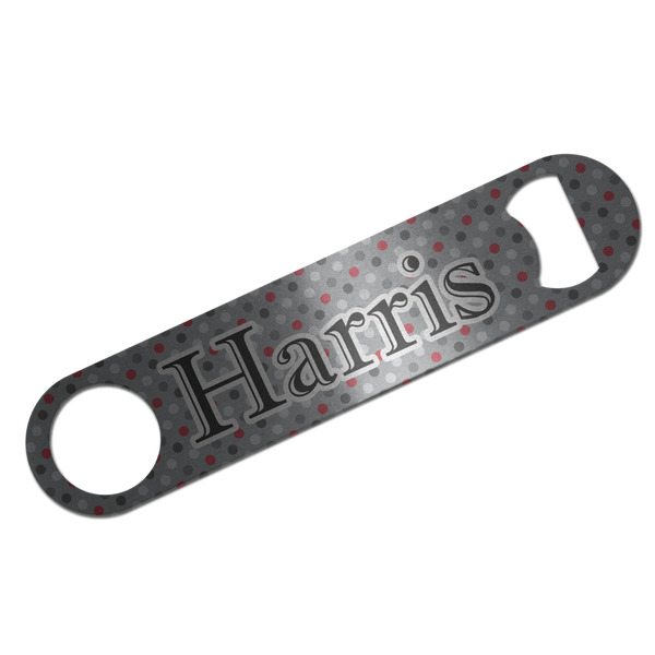 Custom Red & Gray Polka Dots Bar Bottle Opener - Silver w/ Name and Initial
