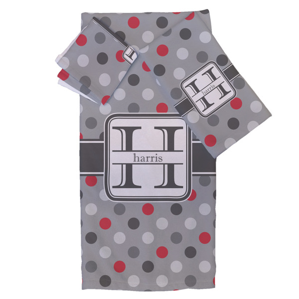 Custom Red & Gray Polka Dots Bath Towel Set - 3 Pcs (Personalized)