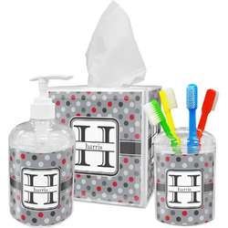 Red & Gray Polka Dots Acrylic Bathroom Accessories Set w/ Name and Initial