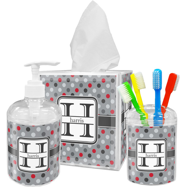 Custom Red & Gray Polka Dots Acrylic Bathroom Accessories Set w/ Name and Initial