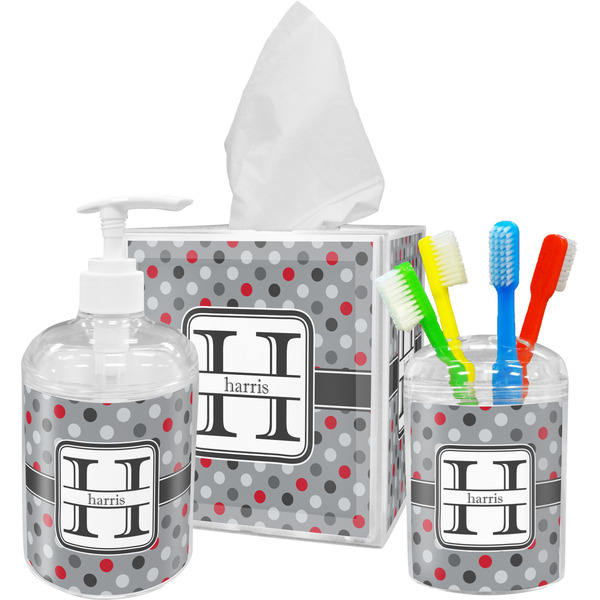 Red & Gray Polka Dots Bathroom Accessories Set (Personalized)