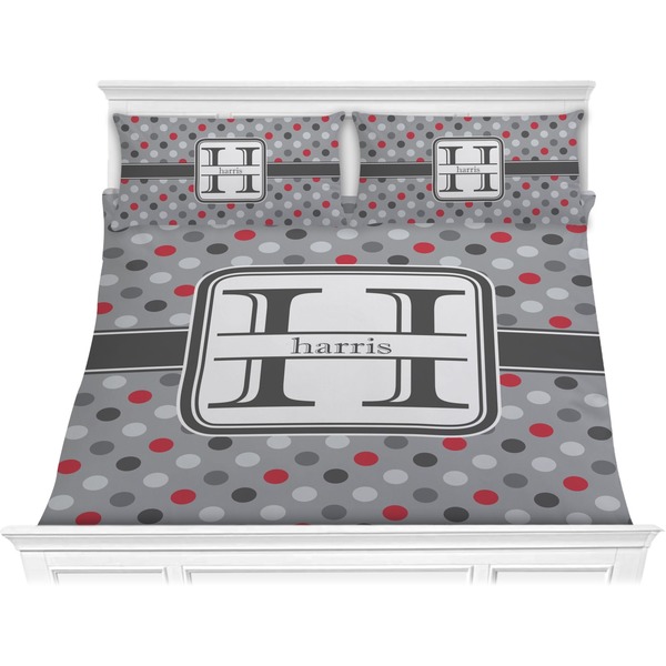 Custom Red & Gray Polka Dots Comforter Set - King (Personalized)