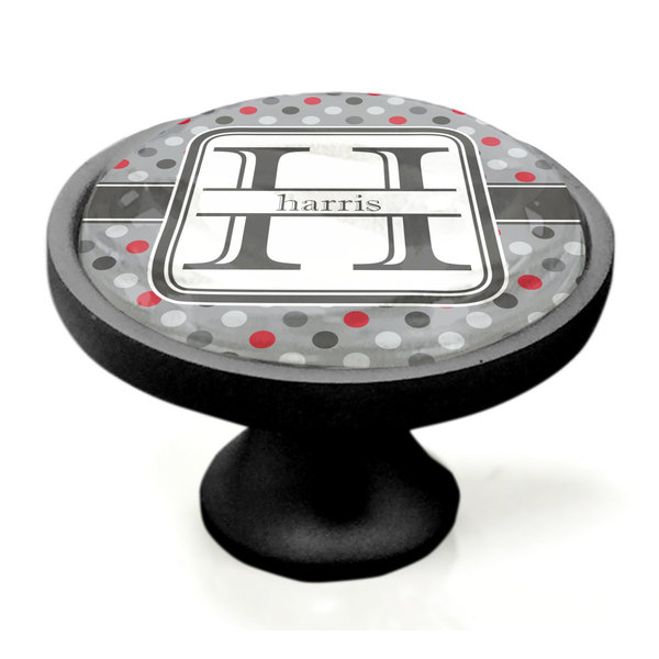 Red & Gray Polka Dots Black Custom Cabinet Knob (Side)