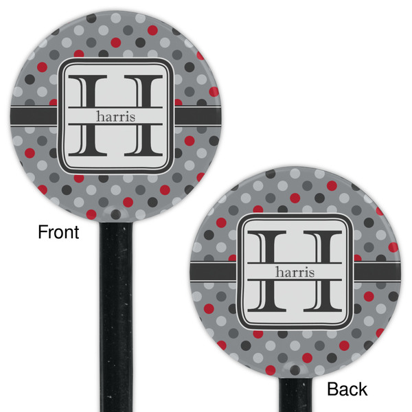 Red & Gray Polka Dots Black Plastic 5.5" Stir Stick - Double Sided - Round - Front & Back
