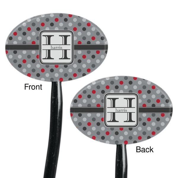 Red & Gray Polka Dots Black Plastic 7" Stir Stick - Double Sided - Oval - Front & Back