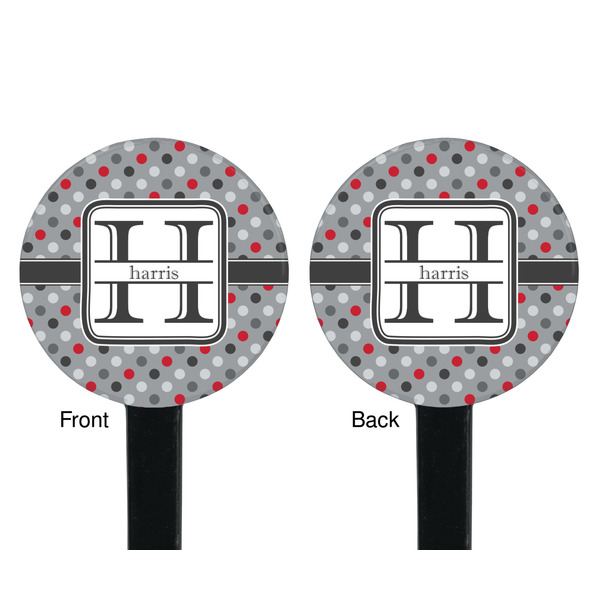 Red & Gray Polka Dots Black Plastic 7" Stir Stick - Double Sided - Round - Front & Back