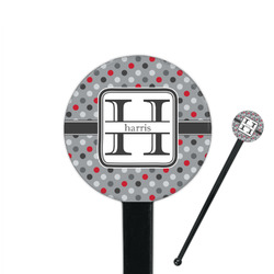 Red & Gray Polka Dots 7" Round Plastic Stir Sticks - Black - Double Sided (Personalized)
