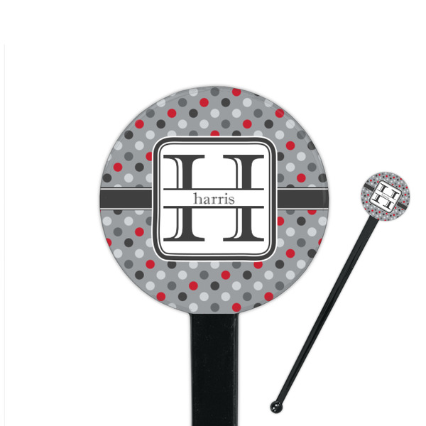 Custom Red & Gray Polka Dots 7" Round Plastic Stir Sticks - Black - Single Sided (Personalized)