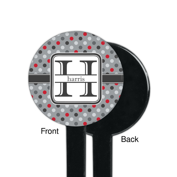 Red & Gray Polka Dots Black Plastic 7" Stir Stick - Single Sided - Round - Front & Back
