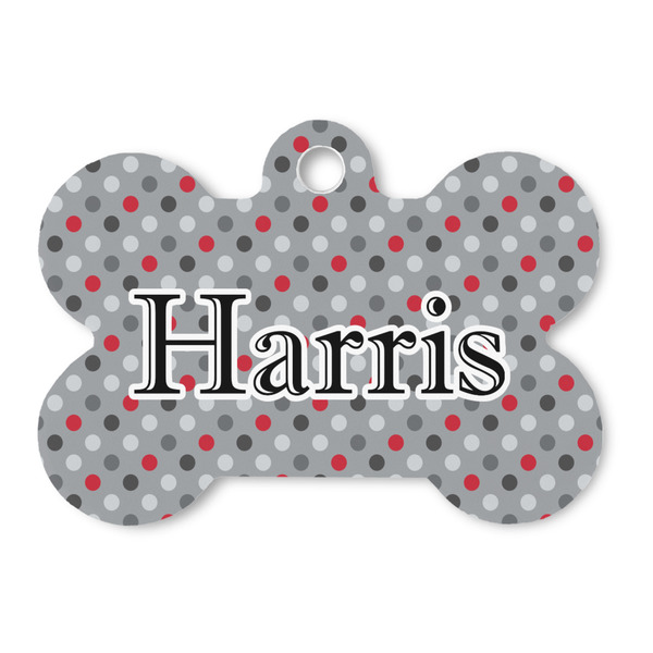 Custom Red & Gray Polka Dots Bone Shaped Dog ID Tag (Personalized)