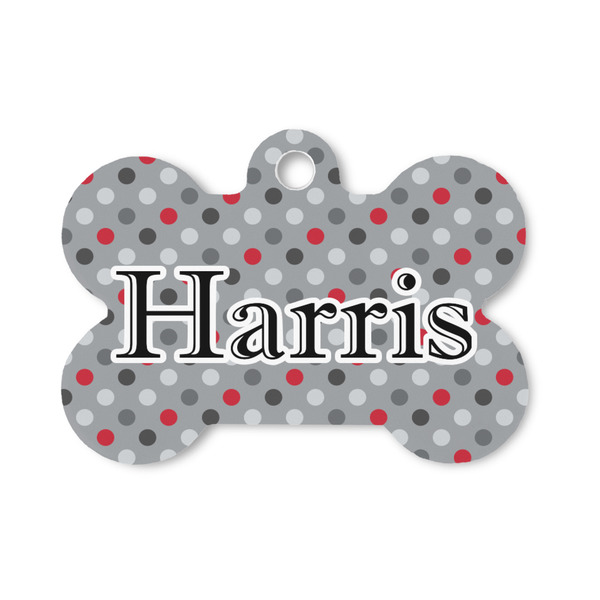 Custom Red & Gray Polka Dots Bone Shaped Dog ID Tag - Small (Personalized)