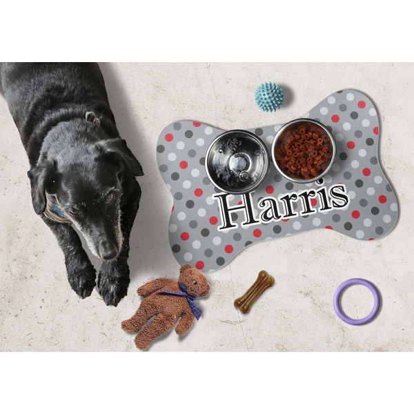 Red & Gray Polka Dots Bone Shaped Mat w/ Food & Water