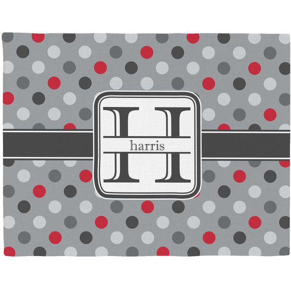 Custom Red & Gray Polka Dots Woven Fabric Placemat - Twill w/ Name and Initial