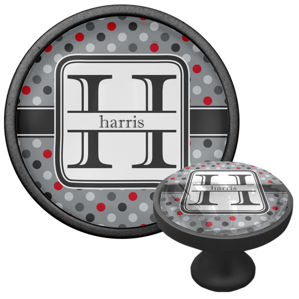 Red & Gray Polka Dots Cabinet Knob - Black - Multi Angle