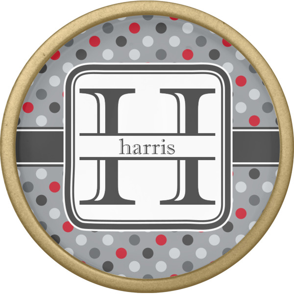 Red & Gray Polka Dots Cabinet Knob - Gold - Front