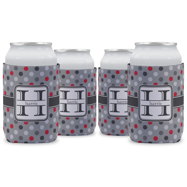 Custom Red & Gray Polka Dots Can Cooler (12 oz) - Set of 4 w/ Name and Initial