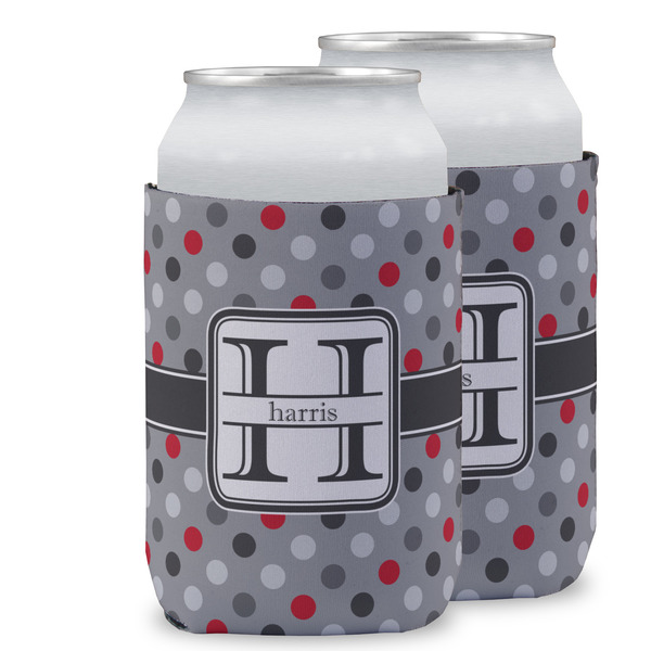 Custom Red & Gray Polka Dots Can Cooler (12 oz) w/ Name and Initial