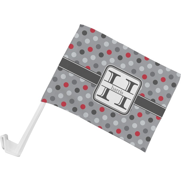 Custom Red & Gray Polka Dots Car Flag - Small w/ Name and Initial