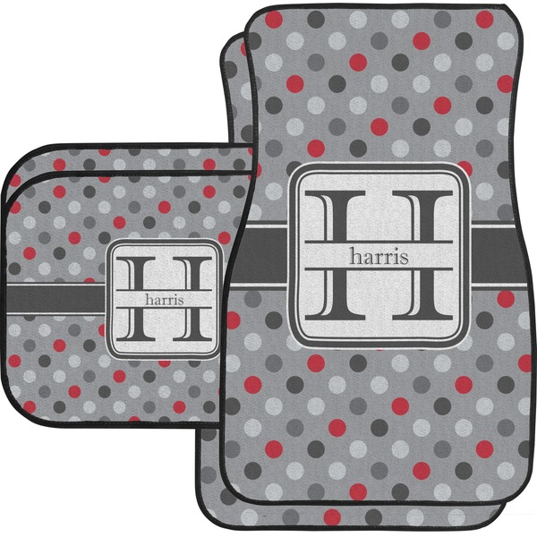 Custom Red & Gray Polka Dots Car Floor Mats Set - 2 Front & 2 Back (Personalized)