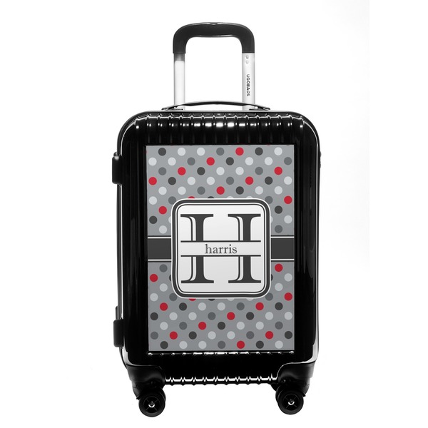 Custom Red & Gray Polka Dots Carry On Hard Shell Suitcase (Personalized)