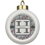 Red & Gray Polka Dots Ceramic Ball Ornament (Personalized)