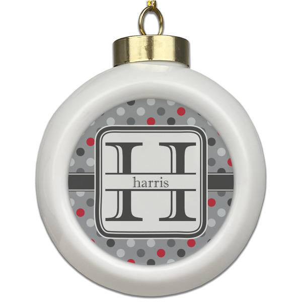 Custom Red & Gray Polka Dots Ceramic Ball Ornament (Personalized)