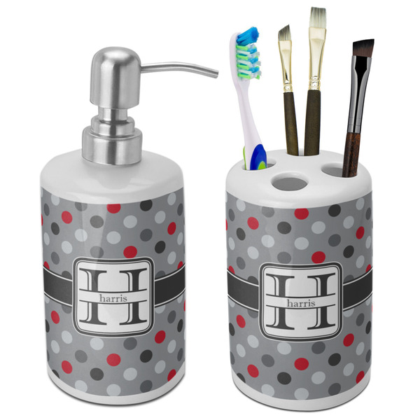 Custom Red & Gray Polka Dots Ceramic Bathroom Accessories Set (Personalized)