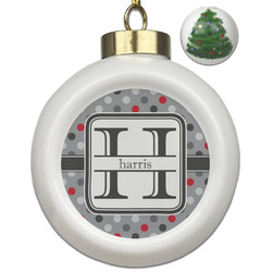 Red & Gray Polka Dots Ceramic Ball Ornament - Christmas Tree (Personalized)