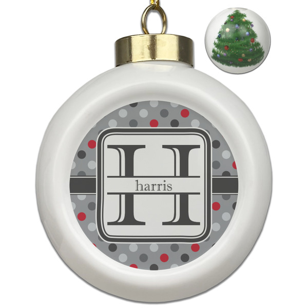 Custom Red & Gray Polka Dots Ceramic Ball Ornament - Christmas Tree (Personalized)