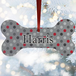 Red & Gray Polka Dots Ceramic Dog Ornament w/ Name and Initial