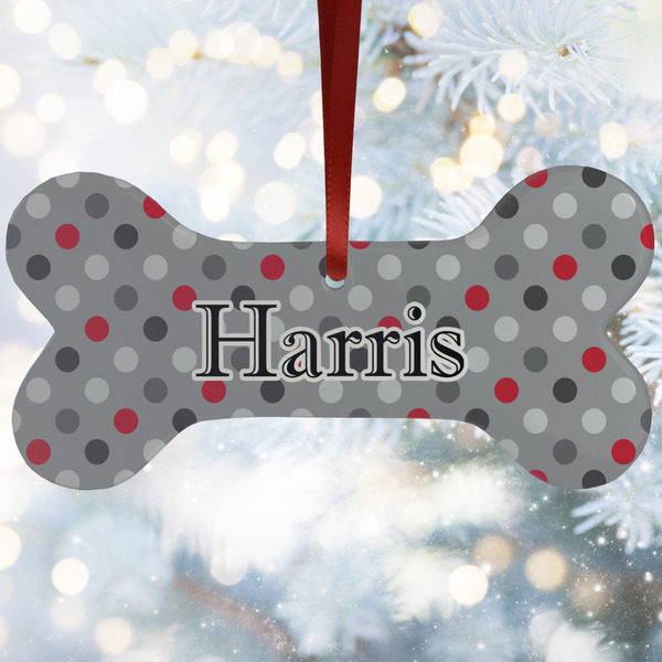 Custom Red & Gray Polka Dots Ceramic Dog Ornament w/ Name and Initial