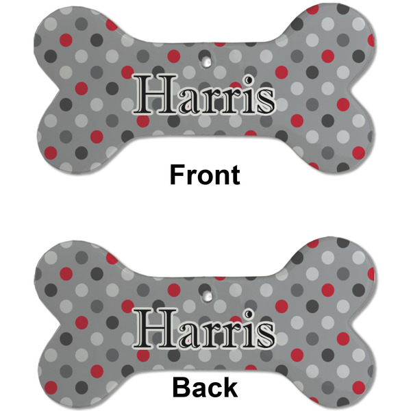 Red & Gray Polka Dots Ceramic Flat Ornament - Bone Front & Back (APPROVAL)