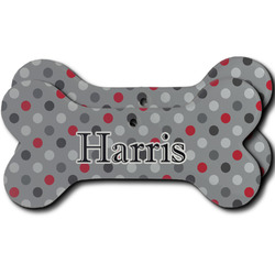 Red & Gray Polka Dots Ceramic Dog Ornament - Front & Back w/ Name and Initial