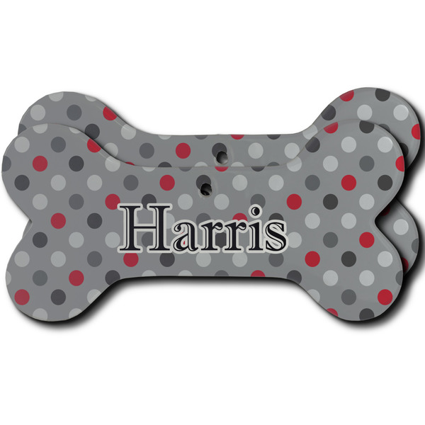 Custom Red & Gray Polka Dots Ceramic Dog Ornament - Front & Back w/ Name and Initial