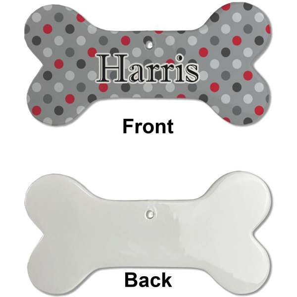 Red & Gray Polka Dots Ceramic Flat Ornament - Bone Front & Back Single Print (APPROVAL)