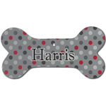 Red & Gray Polka Dots Ceramic Dog Ornament - Front w/ Name and Initial