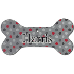 Red & Gray Polka Dots Ceramic Dog Ornament - Front w/ Name and Initial
