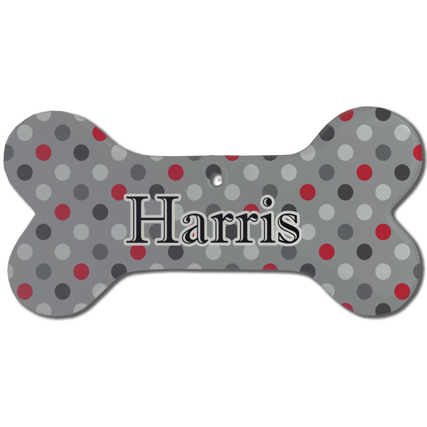 Custom Red & Gray Polka Dots Ceramic Dog Ornament - Front w/ Name and Initial