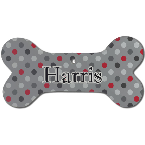 Red & Gray Polka Dots Ceramic Flat Ornament - Bone Front