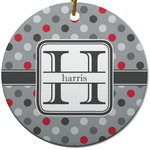 Red & Gray Polka Dots Round Ceramic Ornament w/ Name and Initial