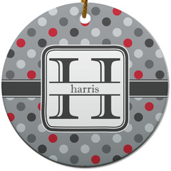 Red & Gray Polka Dots Round Ceramic Ornament w/ Name and Initial