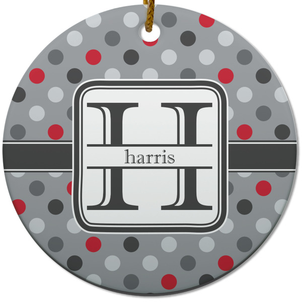 Custom Red & Gray Polka Dots Round Ceramic Ornament w/ Name and Initial