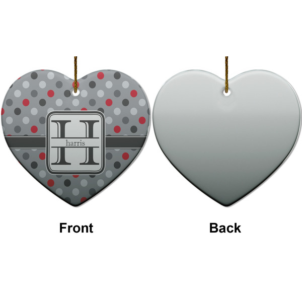 Red & Gray Polka Dots Ceramic Flat Ornament - Heart Front & Back (APPROVAL)