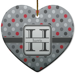 Red & Gray Polka Dots Heart Ceramic Ornament w/ Name and Initial
