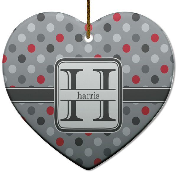 Custom Red & Gray Polka Dots Heart Ceramic Ornament w/ Name and Initial