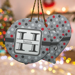 Red & Gray Polka Dots Ceramic Ornament w/ Name and Initial
